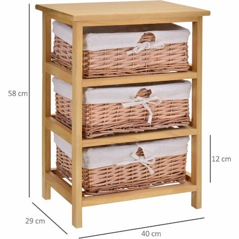 HOMCOM 3 Drawer Wicker Basket Storage Shelf Unit Wooden Frame Home Natural