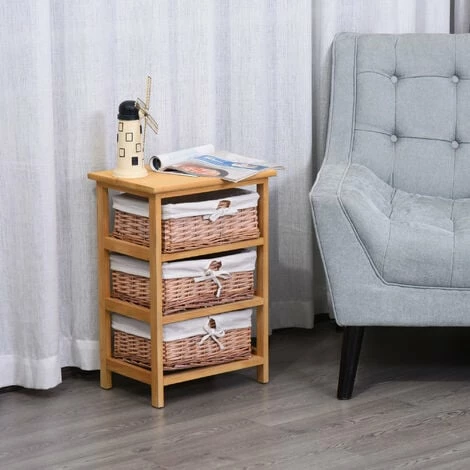 HOMCOM 3 Drawer Wicker Basket Storage Shelf Unit Wooden Frame Home Natural