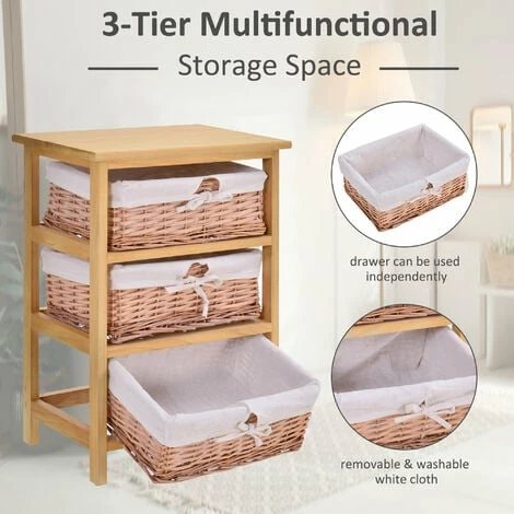 HOMCOM 3 Drawer Wicker Basket Storage Shelf Unit Wooden Frame Home Natural
