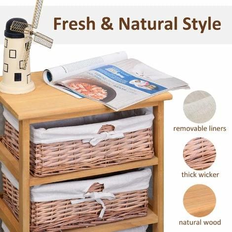 HOMCOM 3 Drawer Wicker Basket Storage Shelf Unit Wooden Frame Home Natural