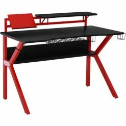 HOMCOM Gaming Desk Computer Table W/ Cup Holder Headphone Hook, Basket, Red