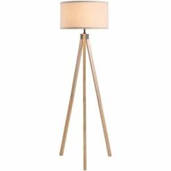 HOMCOM Wood Tripod Floor Lamp Home Lighting Elegant E27 Bulb Linen Shade Beige