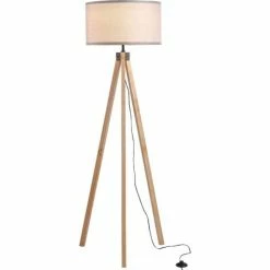 HOMCOM Wood Tripod Floor Lamp Home Lighting Elegant E27 Bulb Linen Shade Grey