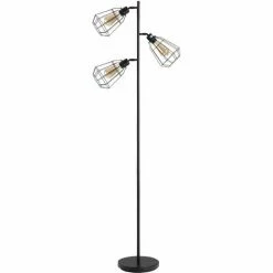 HOMCOM Industrial Steel Birdcage Floor Lamp W/ 3 Lights Round Base Switch Black