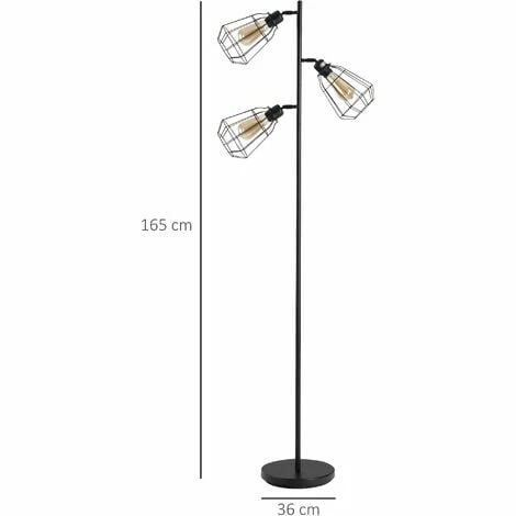HOMCOM Industrial Steel Birdcage Floor Lamp w/ 3 Lights Round Base Switch Black