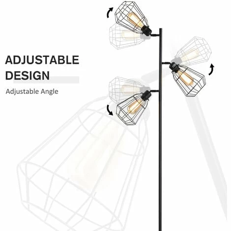 HOMCOM Industrial Steel Birdcage Floor Lamp w/ 3 Lights Round Base Switch Black