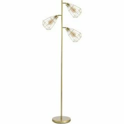 HOMCOM Industrial Steel Birdcage Floor Lamp W/ 3 Lights Round Base Switch Gold