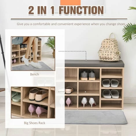 HOMCOM Multi-Storage Shoe Rack 14 Compartments Cushion Moving Shelves Home Brown