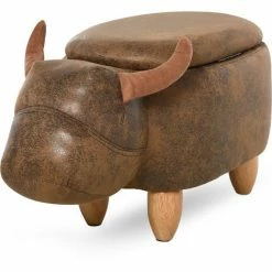 HOMCOM Buffalo Storage Stool Cute Decoration Footrest Wood Frame Padding Brown