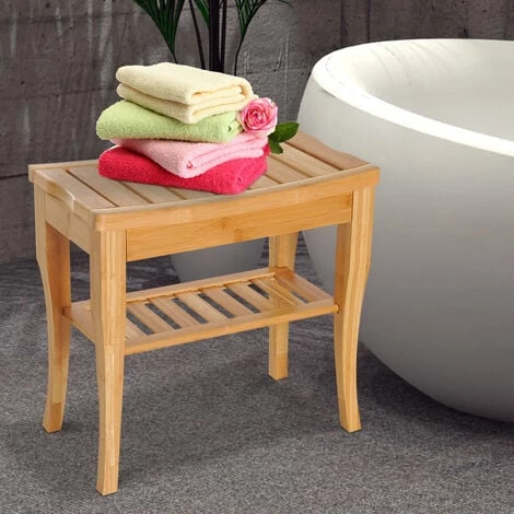 HOMCOM 45 cm 2-Tier Slatted Shower Bench Storage Seat w/ 4 Legs Safe Bathroom