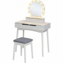 HOMCOM Dressing Table Set With Mirror & Stool 10 LED Bulbs Makeup Dresser Desk