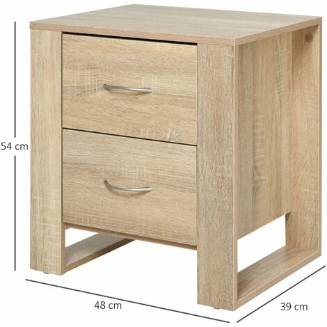 HOMCOM 2 Drawer Modern Boxy Bedside Table w/ Handles Elevated Base Oak Brown