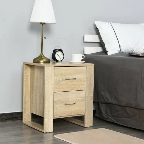 HOMCOM 2 Drawer Modern Boxy Bedside Table w/ Handles Elevated Base Oak Brown