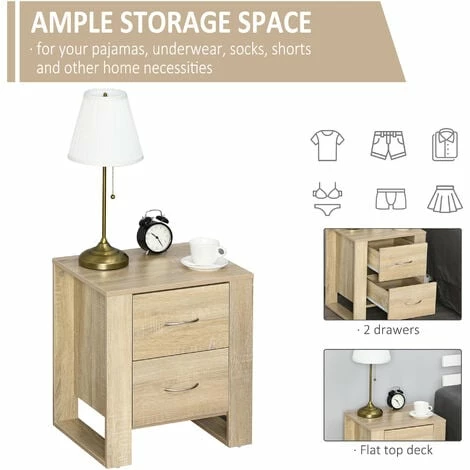 HOMCOM 2 Drawer Modern Boxy Bedside Table w/ Handles Elevated Base Oak Brown