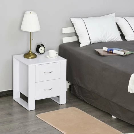 HOMCOM 2 Drawer Modern Boxy Bedside Table w/ Handles Elevated Base White