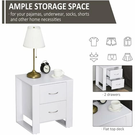 HOMCOM 2 Drawer Modern Boxy Bedside Table w/ Handles Elevated Base White