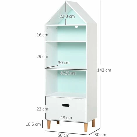 HOMCOM 142x50cm Child's Rocket Bookshelf w/ 3 Shelves Drawer Wood Legs White