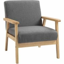 HOMCOM Minimalistic Accent Chair Wood Frame W/ Linen Cushions Wide Seat Armchair