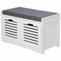 HOMCOM 2-Door Shoe Storage Bench Cushion Seat Slatted Doors Elevated Base White