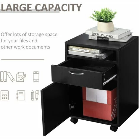 HOMCOM Rolling File Cabinet Office Storage w/ 2 Drawers Shelf Wheels Black