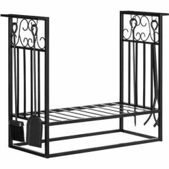 HOMCOM Vintage Style Powder Coated Steel Firewood Log Rack Holder W/ Tools Black