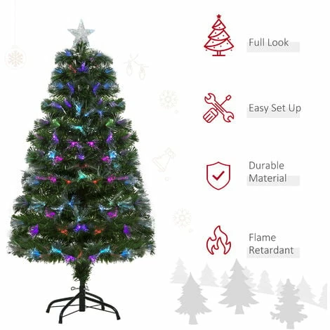 HOMCOM 4FT Multicoloured Artificial Christmas Tree w/ Pre-Lit Modes Metal Stand