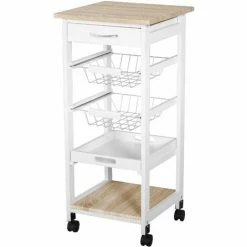 HOMCOM Mobile Rolling Kitchen Island Trolley For Home Metal Baskets Tray Shelves