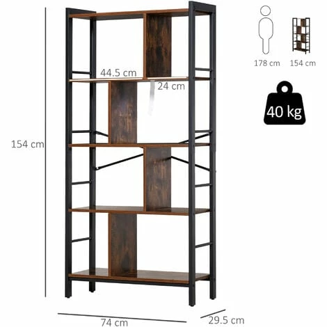 HOMCOM 4 Shelf Industrial-Style Storage Unit Bookcase w/ Dividers Metal Frame