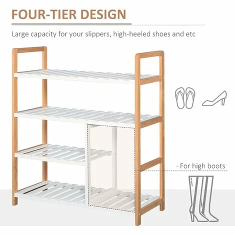 HOMCOM 4-Tier Shoe Wood Frame w/ Slatted Shelves Boot Compartment Storage