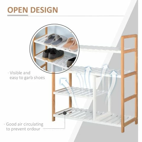 HOMCOM 4-Tier Shoe Wood Frame w/ Slatted Shelves Boot Compartment Storage