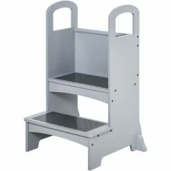 HOMCOM Kids Wooden 2-Step Stool Mini Ladder Assistance Unit Non-Slip Panels Grey