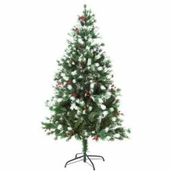 HOMCOM 5ft Snow-Dipped Artificial Christmas Tree W/ Red Berries Metal Base