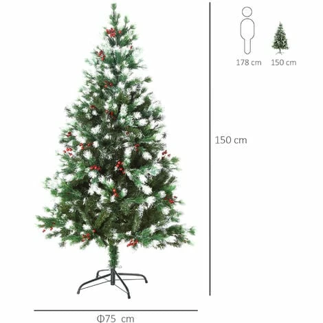 HOMCOM 5ft Snow-Dipped Artificial Christmas Tree w/ Red Berries Metal Base