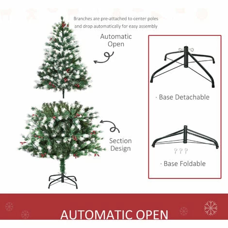 HOMCOM 5ft Snow-Dipped Artificial Christmas Tree w/ Red Berries Metal Base