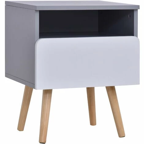 HOMCOM Clean-Cut Bedside Table Bedroom w/ Drawer Open Compartment Wood Legs Grey