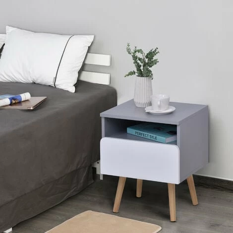 HOMCOM Clean-Cut Bedside Table Bedroom w/ Drawer Open Compartment Wood Legs Grey