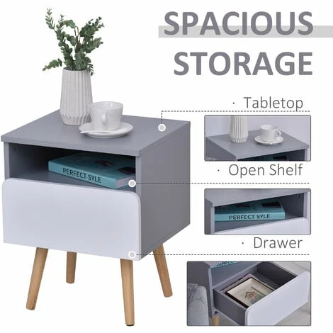 HOMCOM Clean-Cut Bedside Table Bedroom w/ Drawer Open Compartment Wood Legs Grey