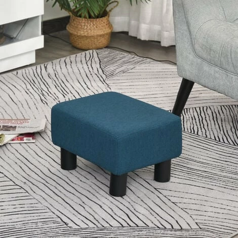 HOMCOM Chic Linen Fabric Footstool Ottoman Cube with 4 Plastic Legs Blue