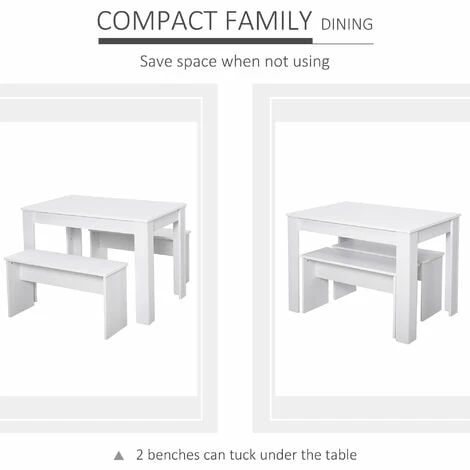 HOMCOM 3 Pcs Modern Kitchen Dining Set w/ Table 2 Benches Home Cafe Bar White
