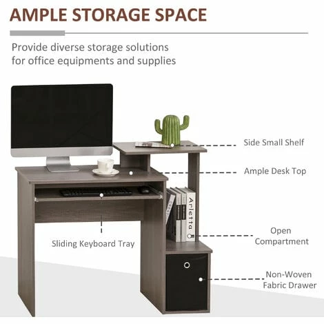 HOMCOM Computer Desk with Sliding Keyboard Tray Storage Drawer Shelf Grey
