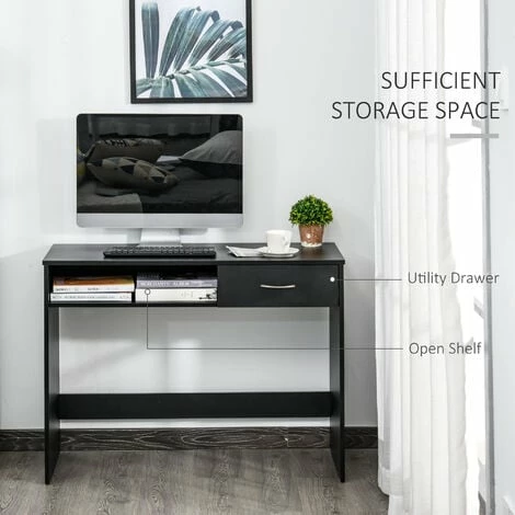 HOMCOM Modern Computer Work Desk Table Study Shelf Drawer Writing Station Black