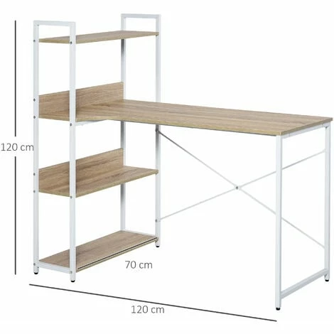HOMCOM Minimalistic Computer Desk w/ 3 Side Shelf Metal Frame Home Office White
