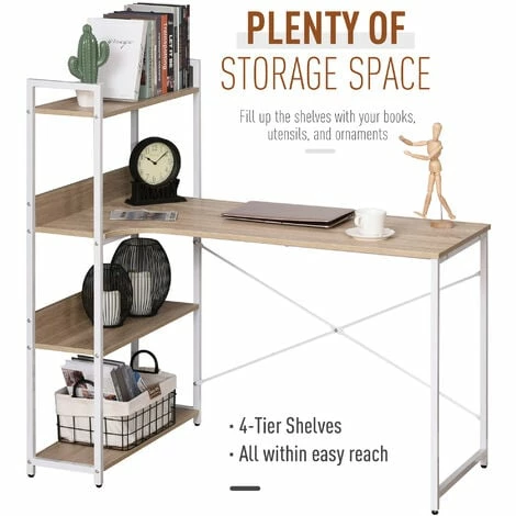 HOMCOM Minimalistic Computer Desk w/ 3 Side Shelf Metal Frame Home Office White