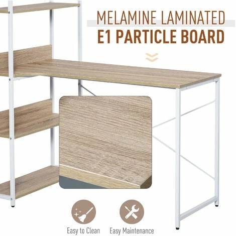 HOMCOM Minimalistic Computer Desk w/ 3 Side Shelf Metal Frame Home Office White