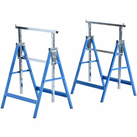 HOMCOM Set Of 2 Steel Saw Horses Telescopic Builders Work Bench Folding Blue