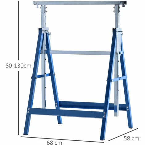 HOMCOM Set Of 2 Steel Saw Horses Telescopic Builders Work Bench Folding Blue