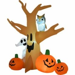 HOMCOM Halloween Inflatable Tree Ghost 3 Pumpkins Owl Lighted 4 LED For Lawn