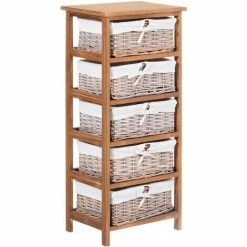 HOMCOM 5 Drawer Wicker Basket Storage Shelf Unit Wooden Frame Home Natural