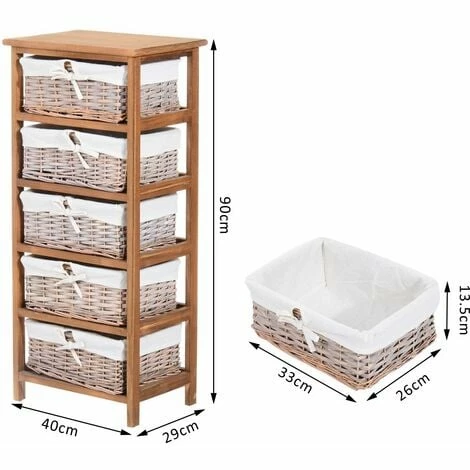 HOMCOM 5 Drawer Wicker Basket Storage Shelf Unit Wooden Frame Home Natural