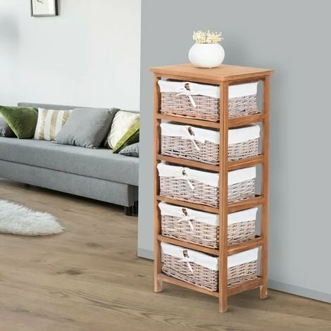 HOMCOM 5 Drawer Wicker Basket Storage Shelf Unit Wooden Frame Home Natural